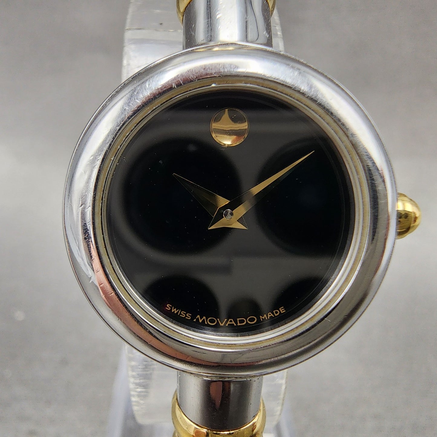 Movado Bareleto Watch Women 24mm Black Dial Two Tone Round Bangle New BatteryABC1