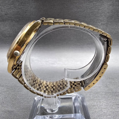 Seiko SQ Watch Men 34mm Gold Dial Gold Tone Daydate Round 5Y23-8049 New Batt JP16