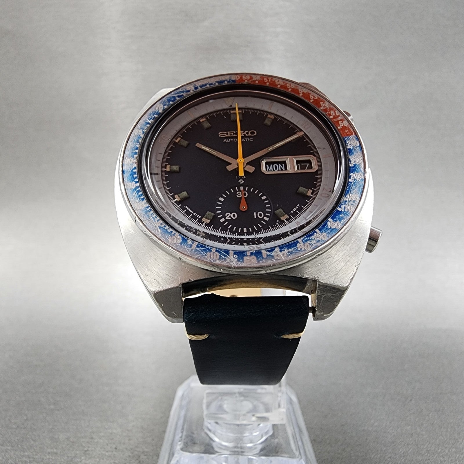 Seiko Pogue Chronograph Watch Men 41mm Blue Dial Steel Daydate 6139 Serviced5