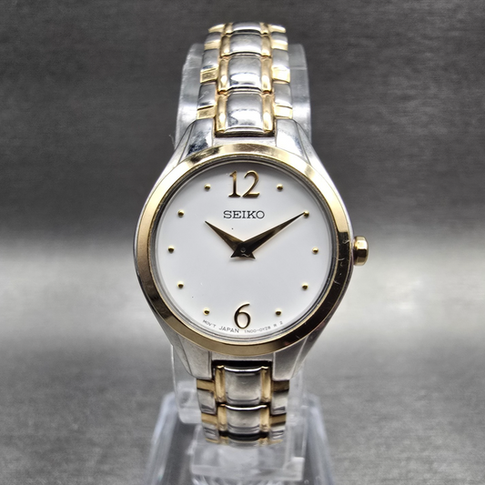 Seiko Watch Women 22mm White Dial Two Tone Round 1N00-0RM0 Bracelet New Battery0