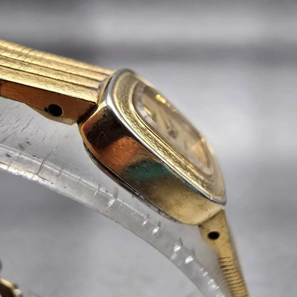 Seiko Watch Women 14mm Gold Dial Gold Tone Rectangle 1E20-5180 New Battery VTG3