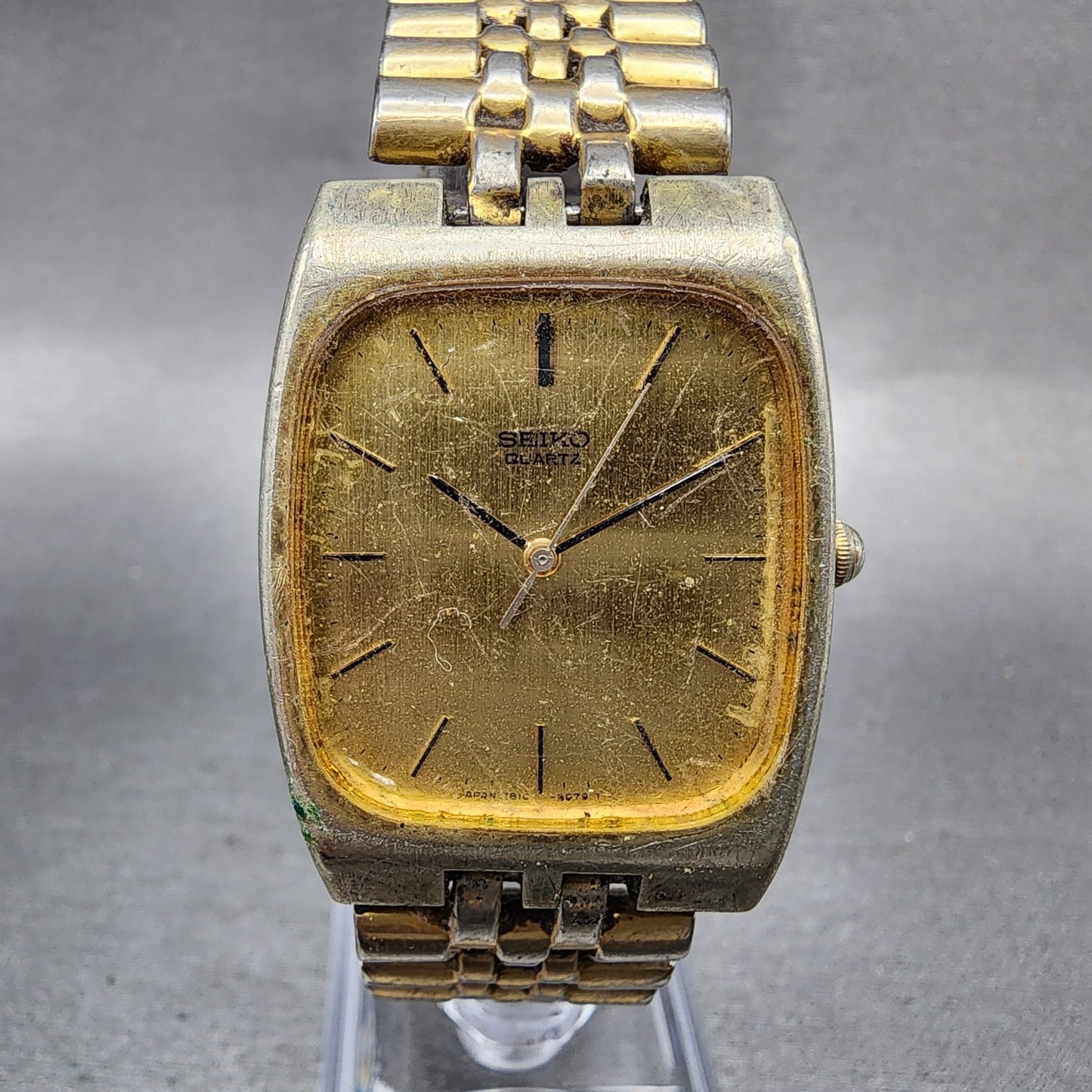 Seiko Watch Men 29mm Gold Dial Gold Tone Rectangle 78105079 New Battery B1230