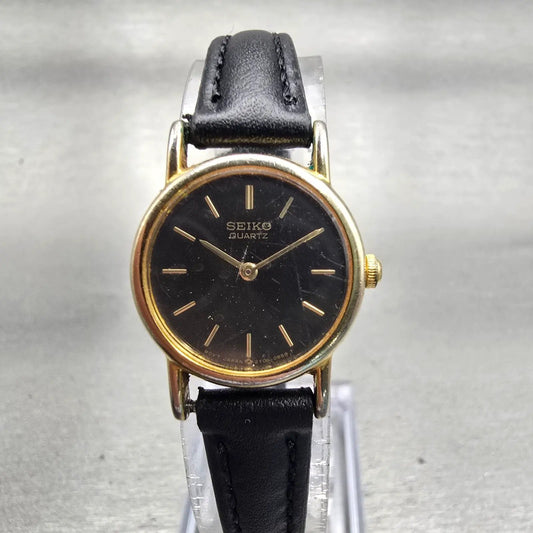 Seiko Watch Women 20mm Black Dial Gold Tone Round 2Y00-0A19 New Battery Vintage0