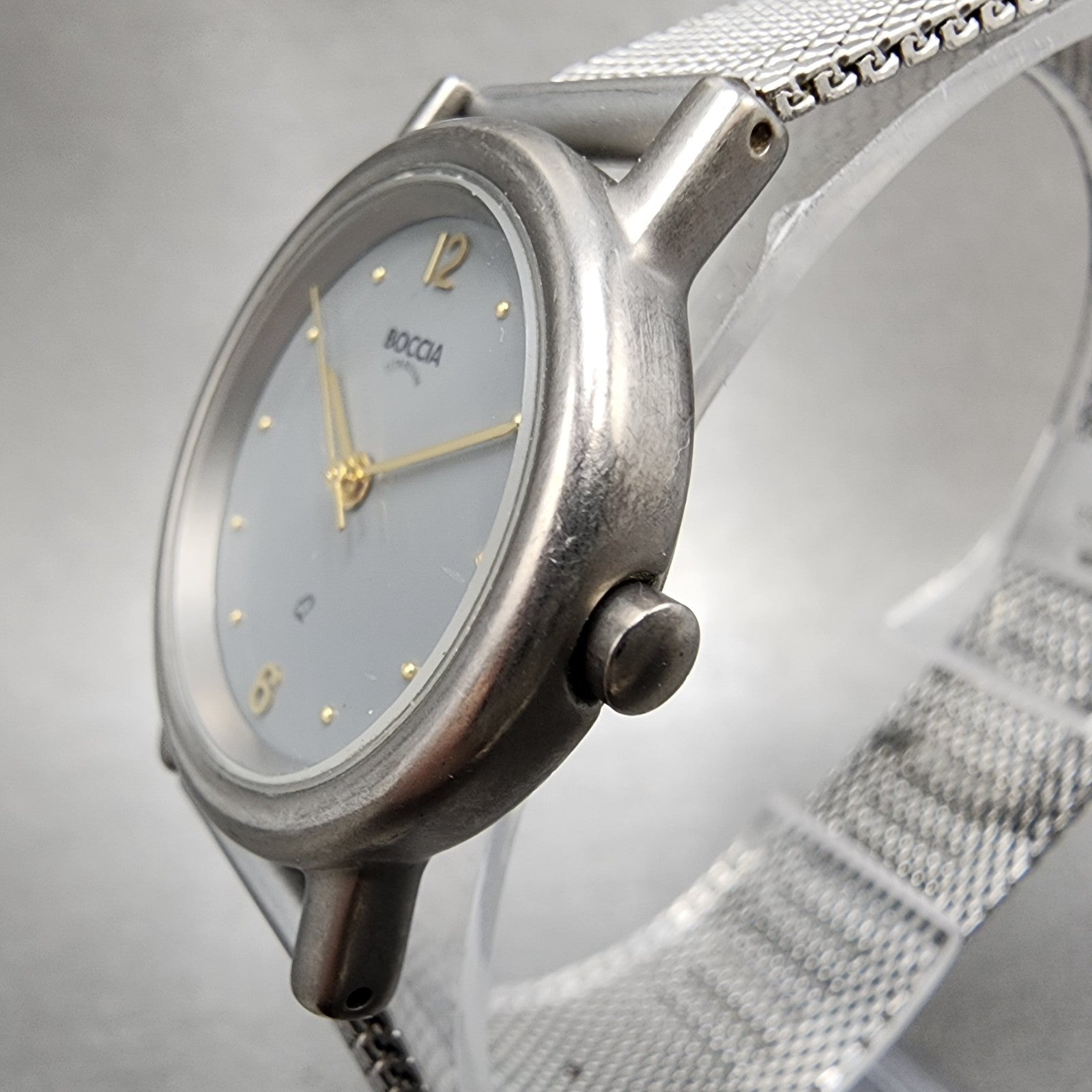 Boccia Titanium Watch Women 28mm Gray Dial Gray Tone Round Mesh Band New Battery2