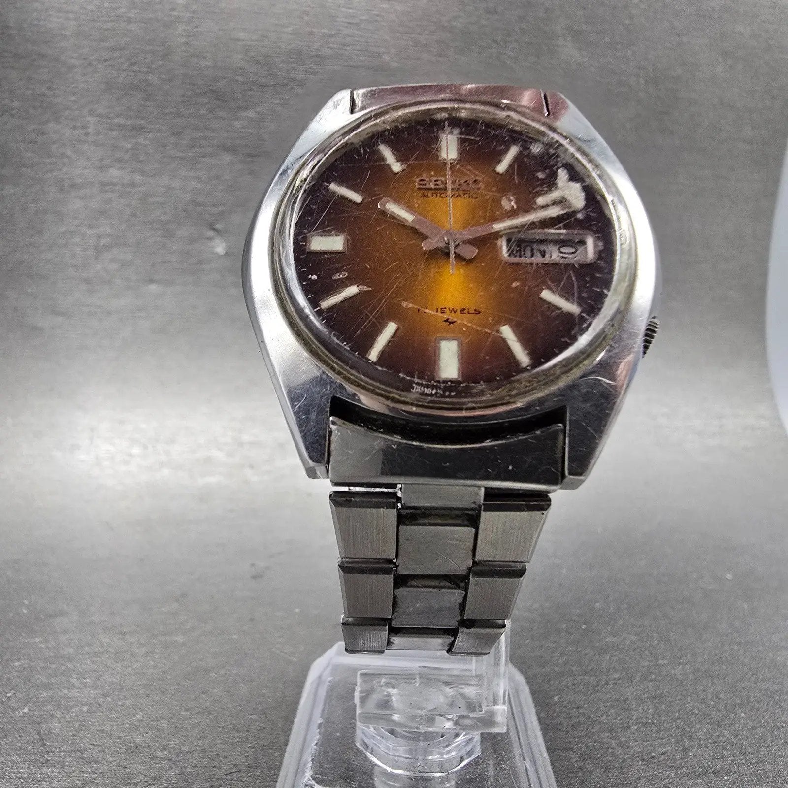 Seiko Automatic Watch Men 38mm Brown Dial Silver Tone Daydate 7009-8049 PARTS6