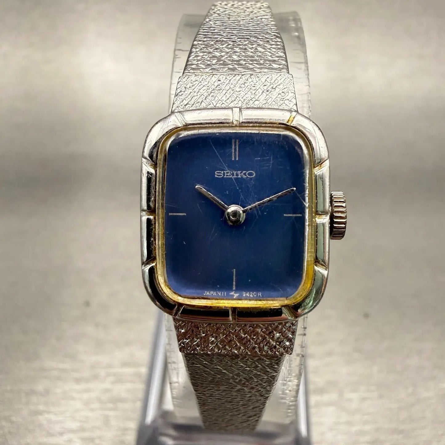Seiko Watch Women 17mm Blue Dial Silver Tone Rectangle 11-5179 Vintage Works0
