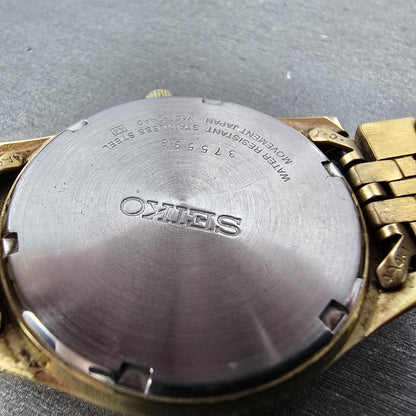 Seiko Solar Watch Men 37mm Champagne Dial Gold Tone Daydate V158-0aa0 Runs QR10