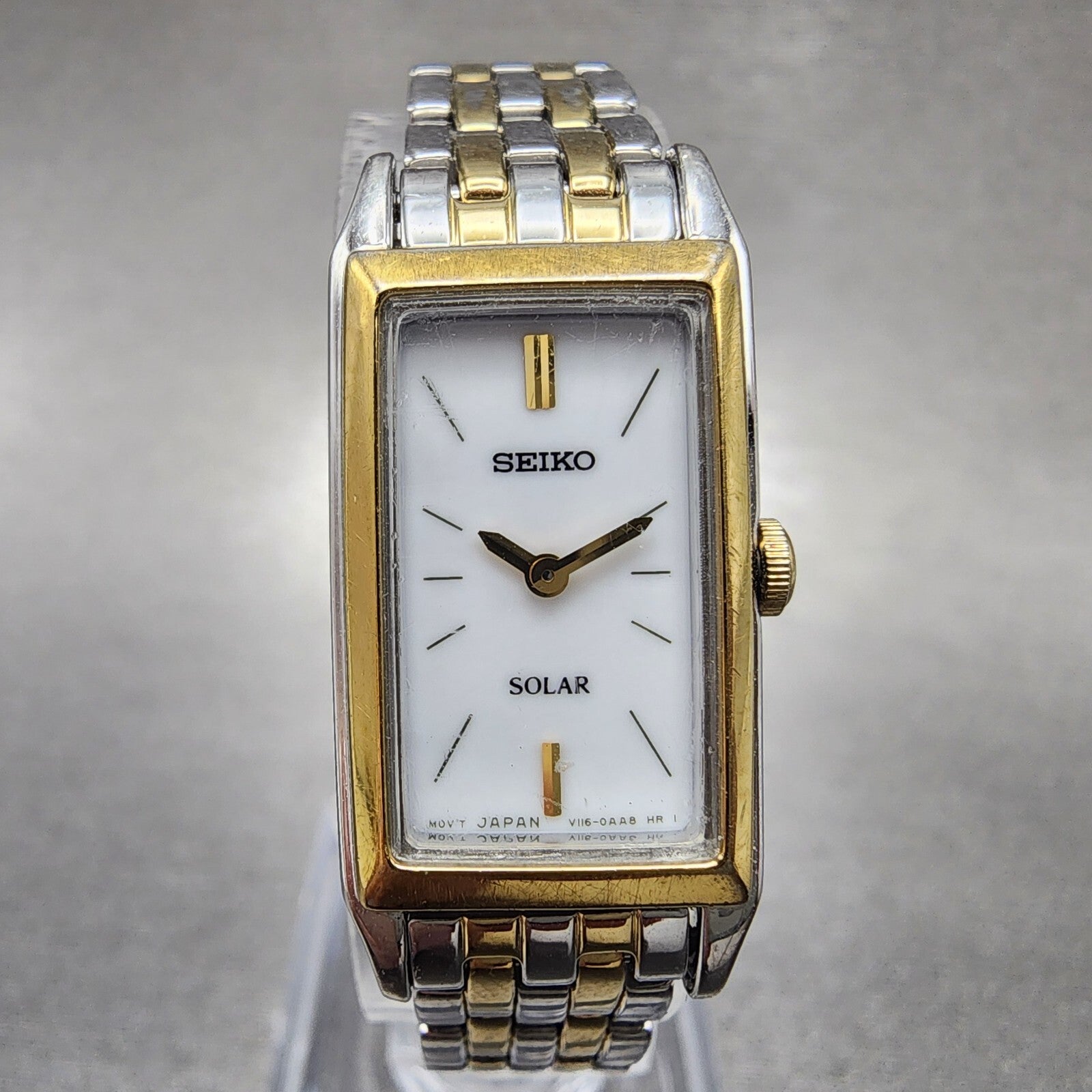 Seiko Solar Tank Watch Women 16mm White Dial Two Tone Rectangle V1160AA0 Runs0
