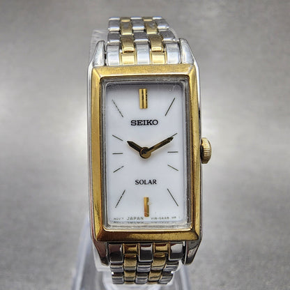 Seiko Solar Tank Watch Women 16mm White Dial Two Tone Rectangle V1160AA0 Runs0