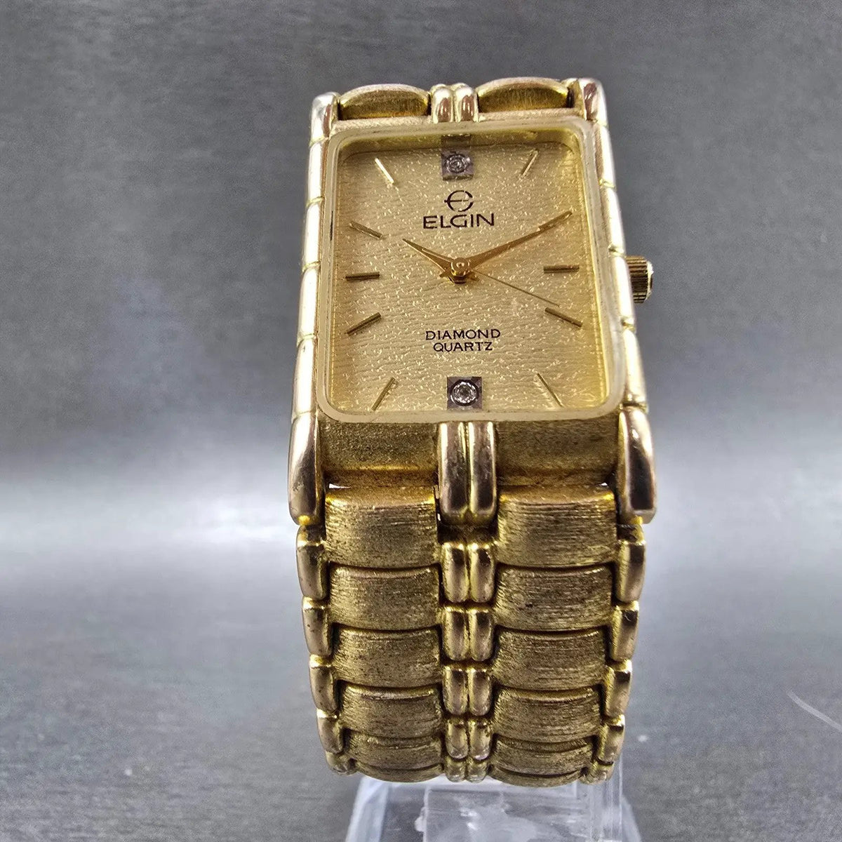 Elgin Tank Watch Men 23mm Champagne Dial Gold Rectangle Diamond Quartz New batt5