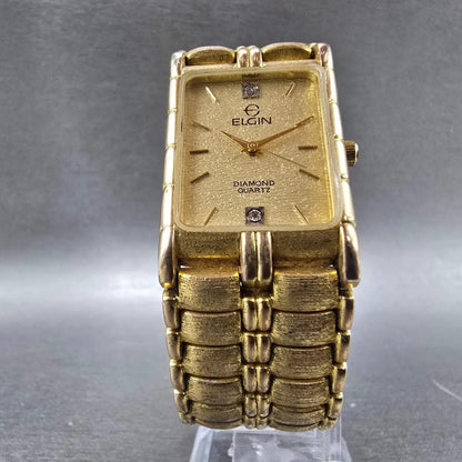Elgin Tank Watch Men 23mm Champagne Dial Gold Rectangle Diamond Quartz New batt5