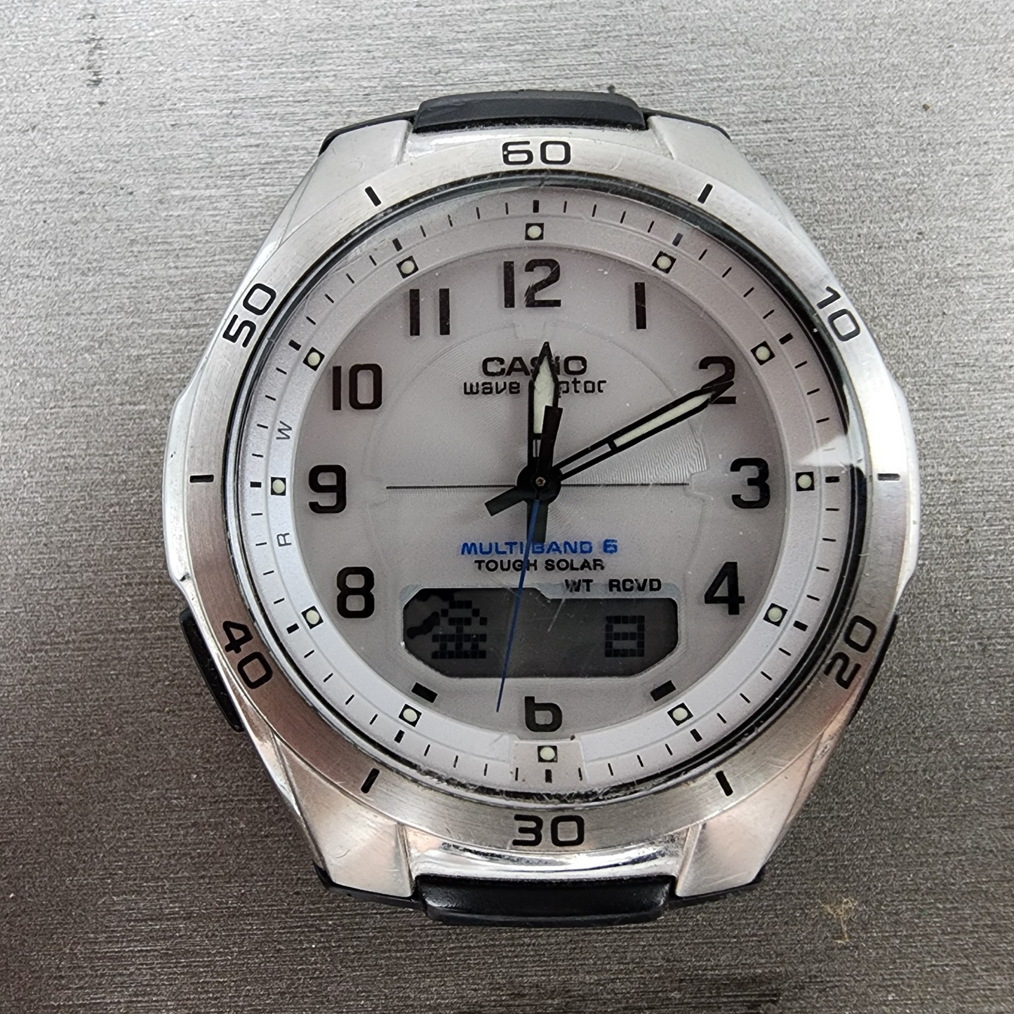 Casio Wave Ceptor Watch Men 43mm White Dial Steel Solar Analog Digital Works ABC1