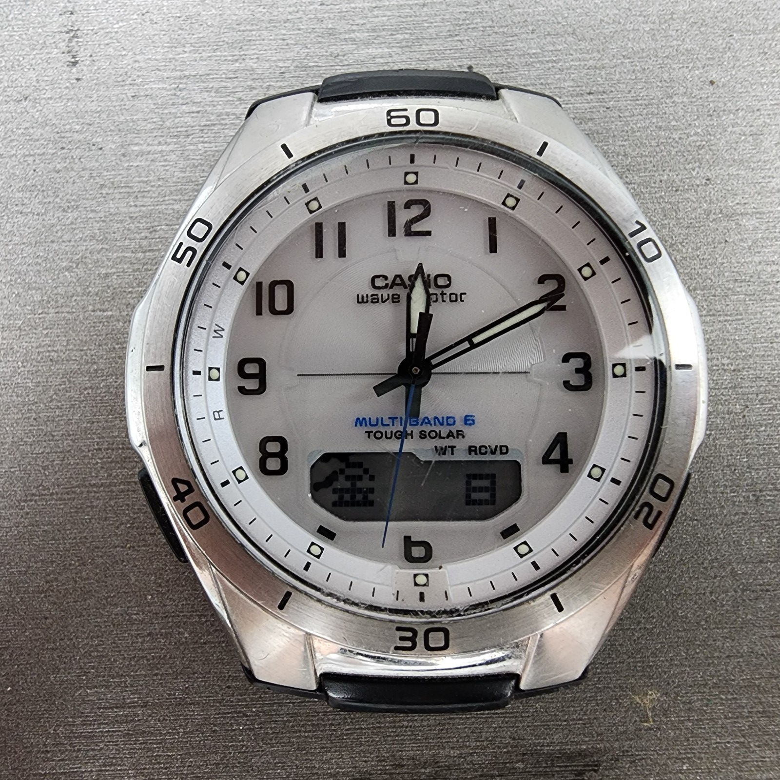 Casio Wave Ceptor Watch Men 43mm White Dial Steel Solar Analog Digital Works ABC1