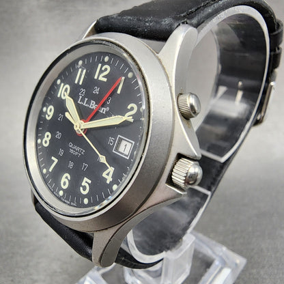LL Bean Alarm Watch Men 34mm Black Dial Stainless Steel Date Round New Battery