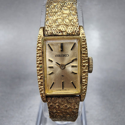 Seiko Tank Watch Women 15mm Champagne Dial Gold Tone Rectangle Manual Wind Runs0
