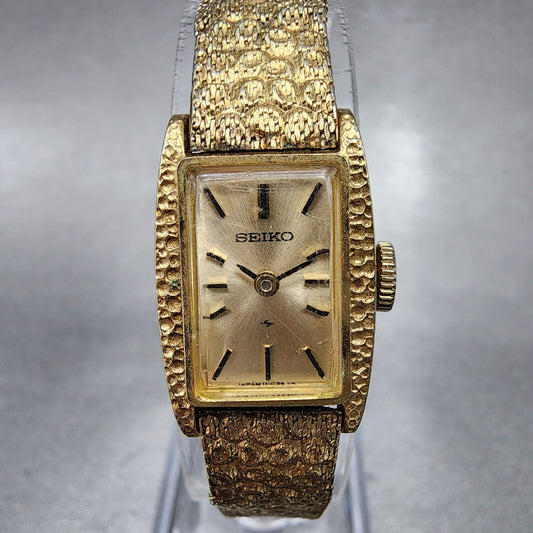 Seiko Tank Watch Women 15mm Champagne Dial Gold Tone Rectangle Manual Wind Runs0