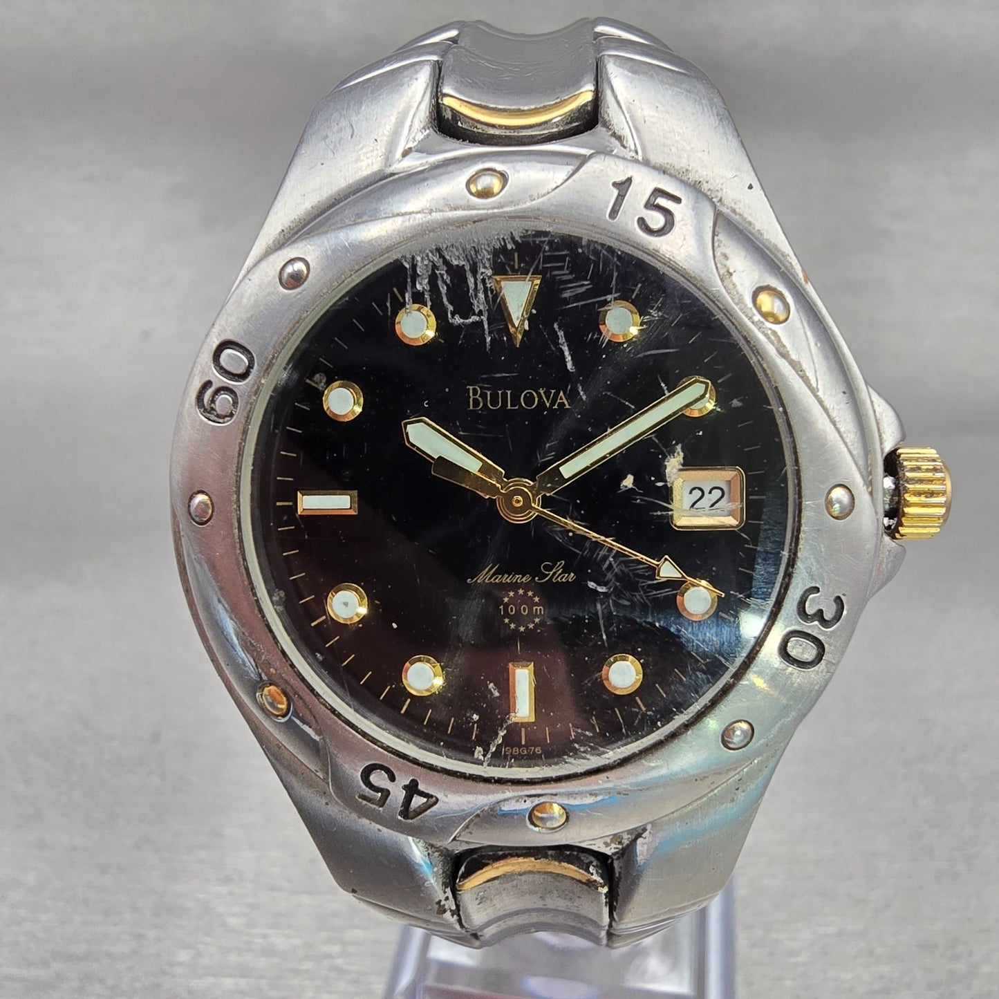 Bulova Marine Star Watch Men 37mm Black Dial Two Tone Date Round New Battery0