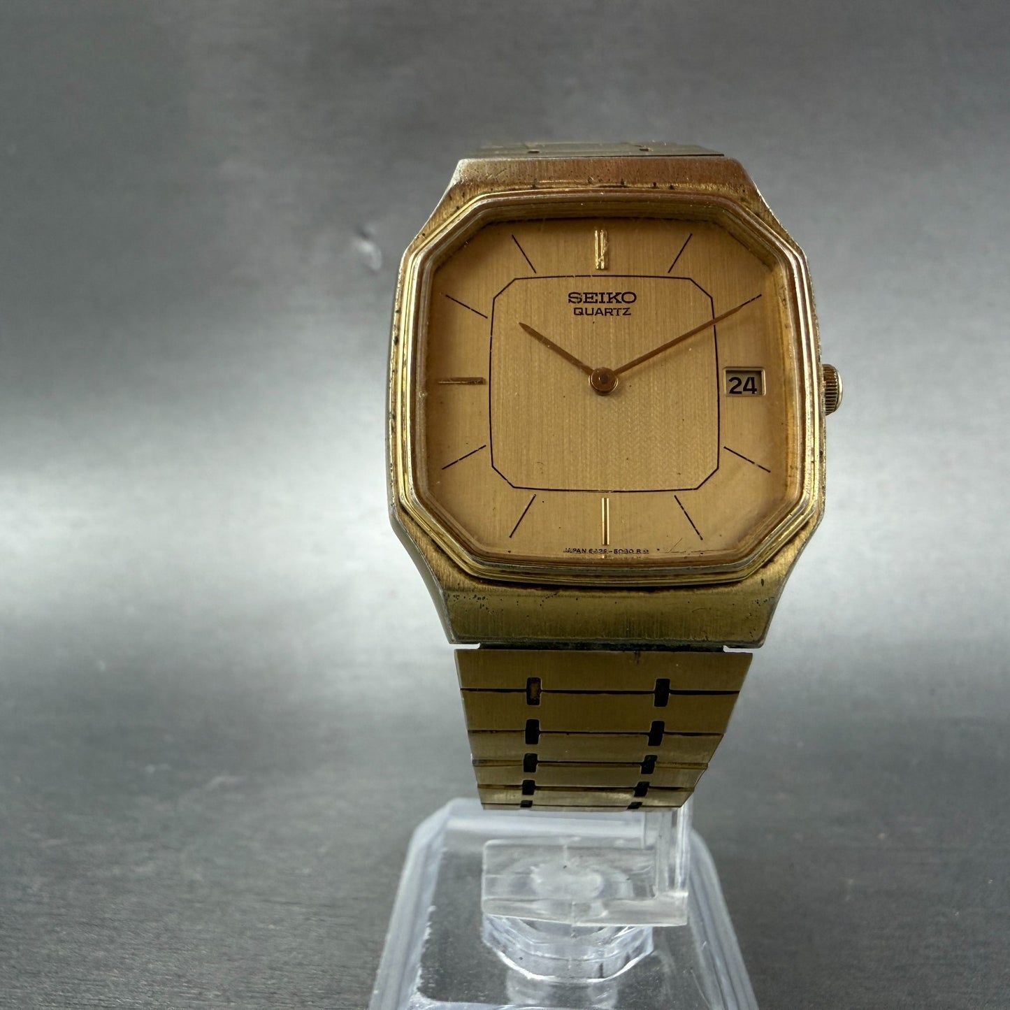 Seiko Tank Watch Men 29mm Champagne Dial Gold Tone Date Octagon 6439-5039 PARTS6