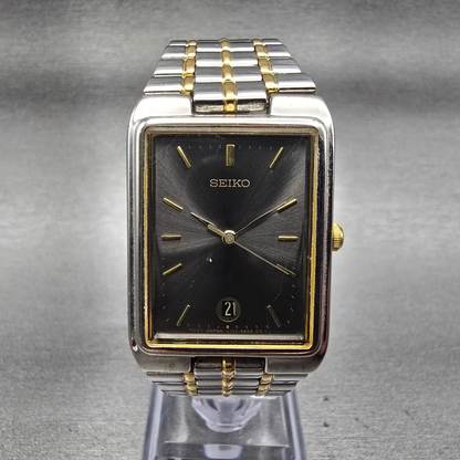 Seiko Tank Watch Men 26mm Gray Dial Two Tone Date Rectangle V722-5B00 New Batt0