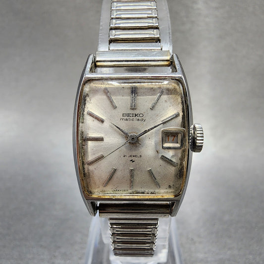 Vintage Seiko Matic lady Watch Women 20mm White Dial Silver Tone Date 2517 Runs0