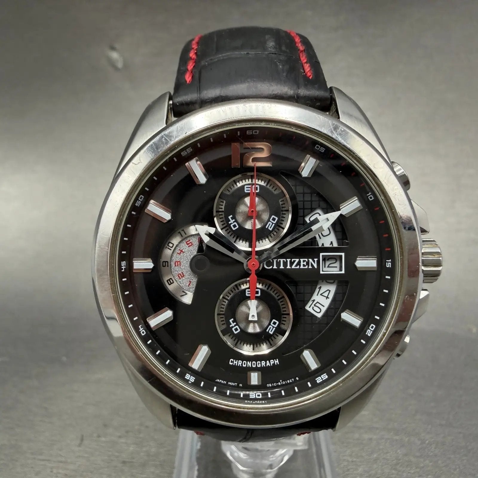 Citizen Chronograph Watch Men 43mm Black Dial Silver Tone Date Round New battery0