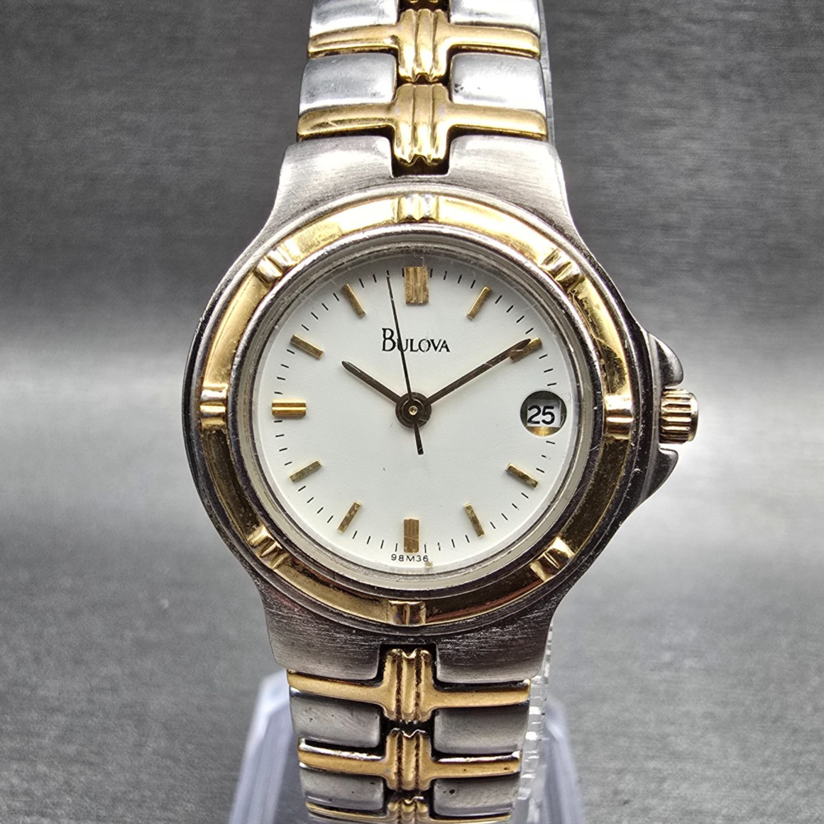 Bulova Watch Women 25mm White Dial Two Tone Date Round 98M36 New Battery JP230