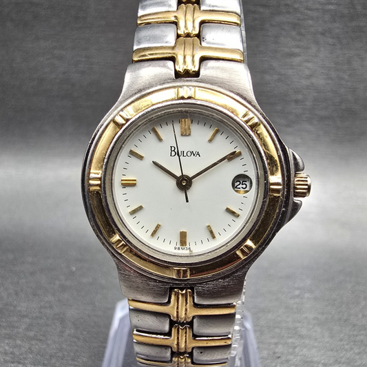 Bulova Watch Women 25mm White Dial Two Tone Date Round 98M36 New Battery JP230