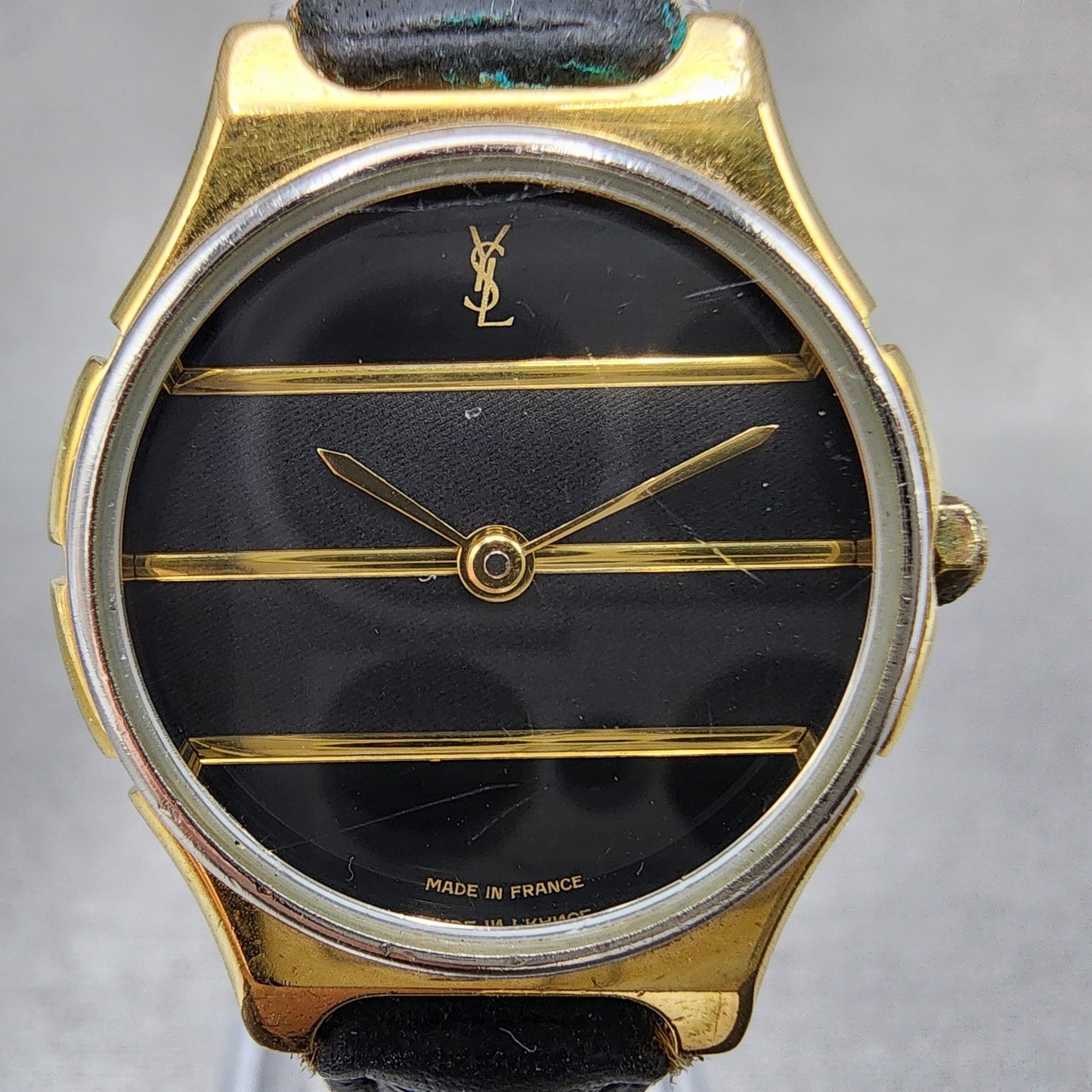 Yves Saint Laurent Watch Women 25mm Black Dial Gold Tone Round New Battery1