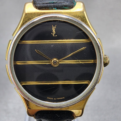 Yves Saint Laurent Watch Women 25mm Black Dial Gold Tone Round New Battery1