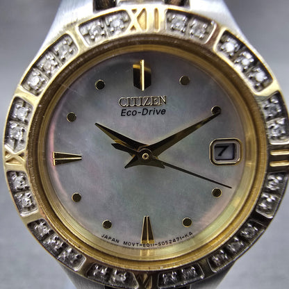 Citizen Eco-Drive Lucca Watch Women 25mm MOP Dial Two Tone Date Diamonds Runs2