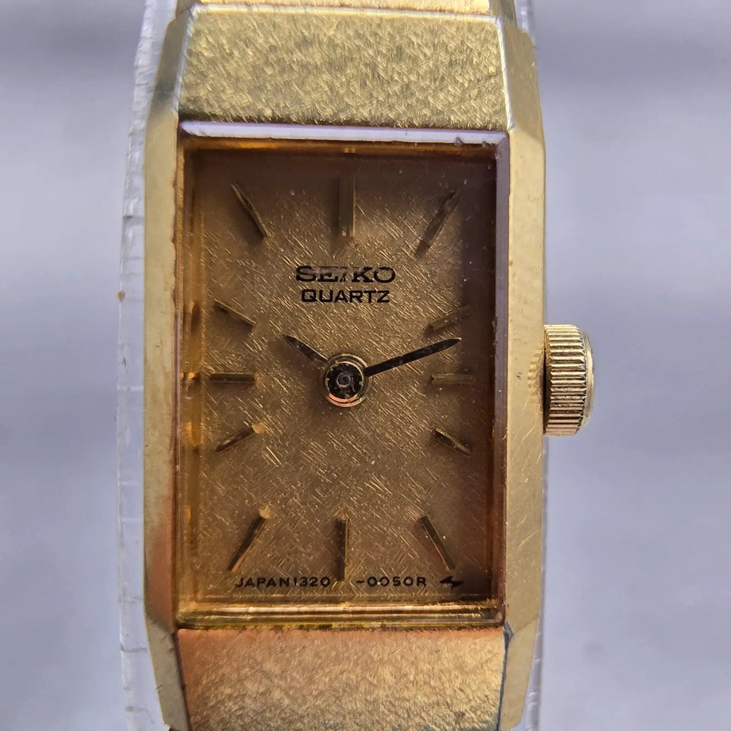 Seiko Watch Women 12mm Gold Dial Gold Tone Rectangle 1320-5049 New Battery VTG1