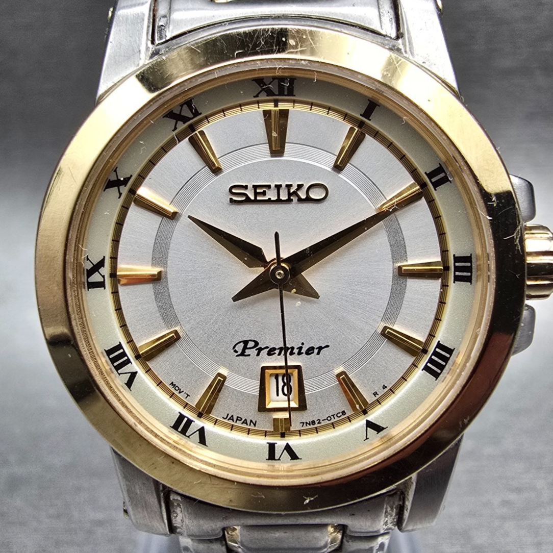 Seiko Premier Watch Women 28mm Silver Dial Two Tone Date Round 7N82-0HP0 New Bat1