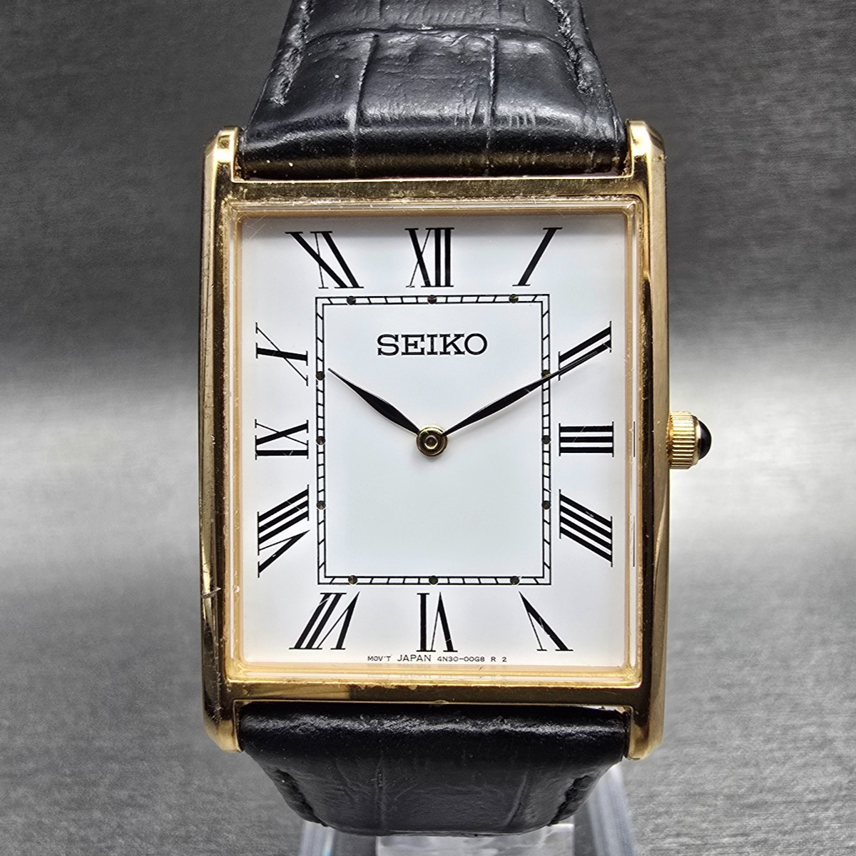 Seiko Tank Watch Men 28mm White Dial Gold Rectangle 4N30-00G0 New Battery0
