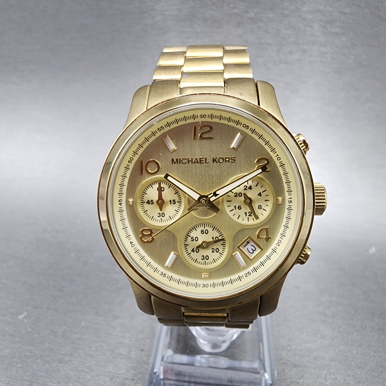 Michael Kors Runway Chronograph Watch Women 38mm Champagne Dial Gold Tone NewBat0