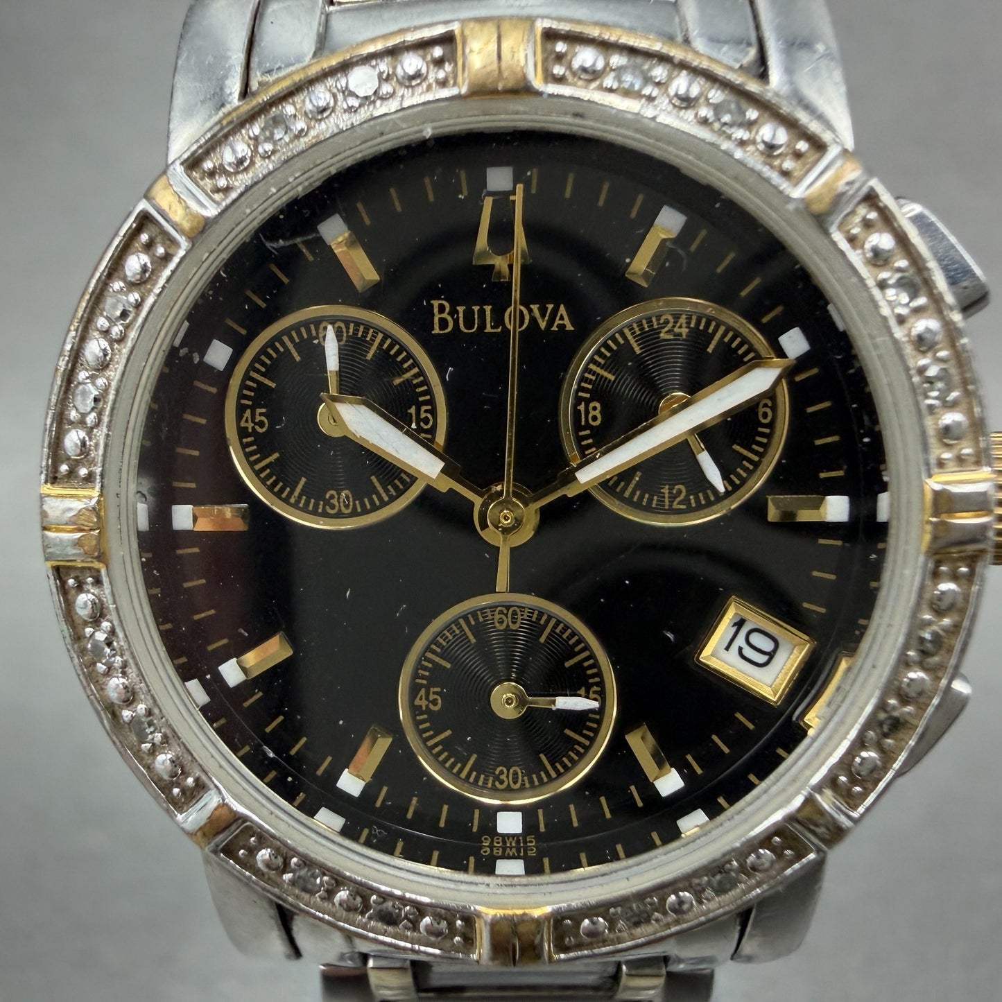 Bulova Chronograph Watch Women 30mm Black Dial Two Tone Date 98W15 New Battery1