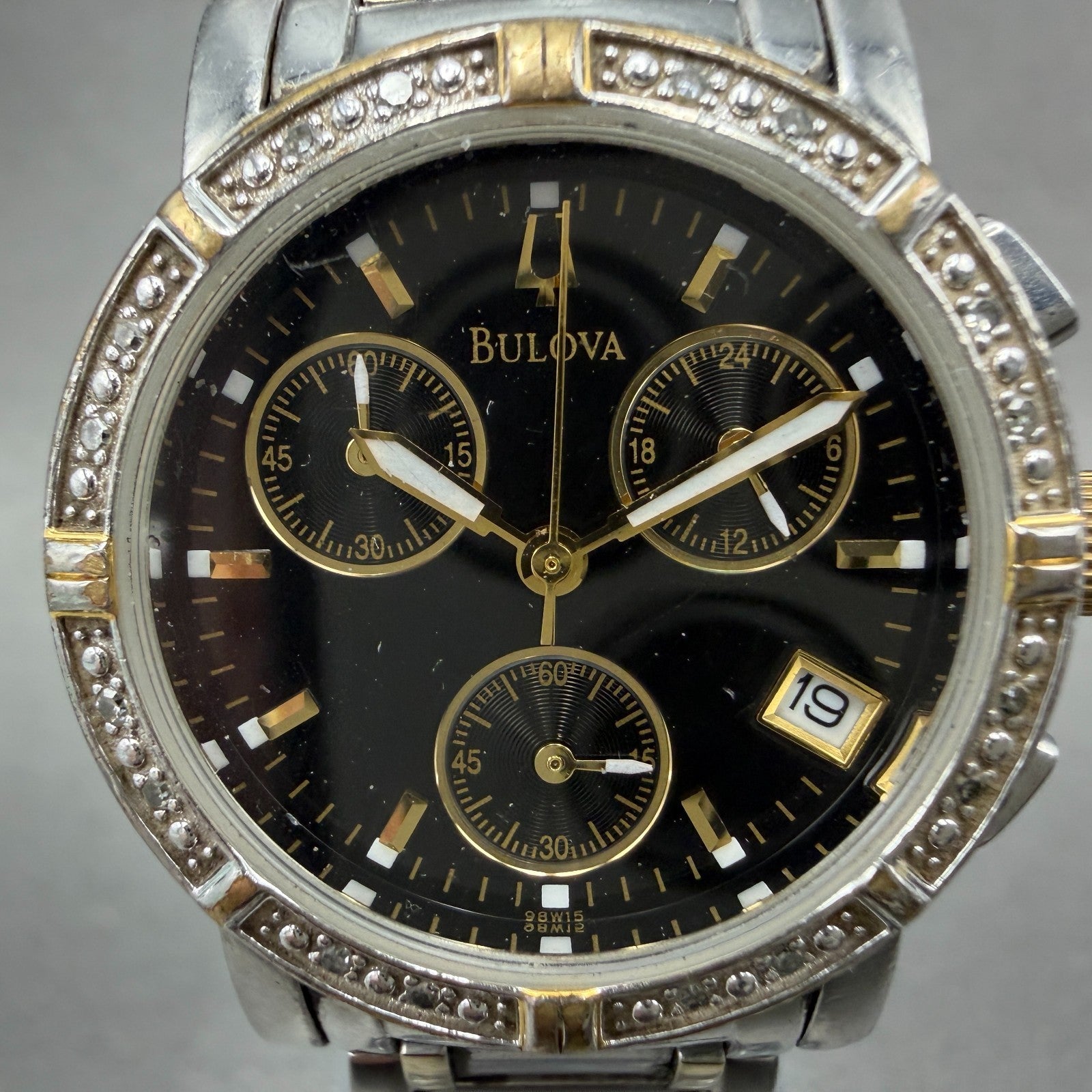 Bulova Chronograph Watch Women 30mm Black Dial Two Tone Date 98W15 New Battery1