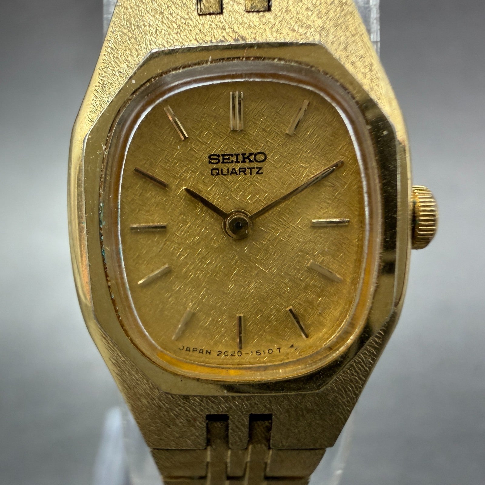 Seiko Watch Women 17mm Champagne Dial Gold Tone Rectangle 2C20-5749 New Battery21