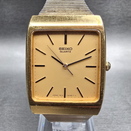 Seiko Watch Men 28mm Gold Dial Gold Tone Rectangle 7810-5059 New Battery VTG0