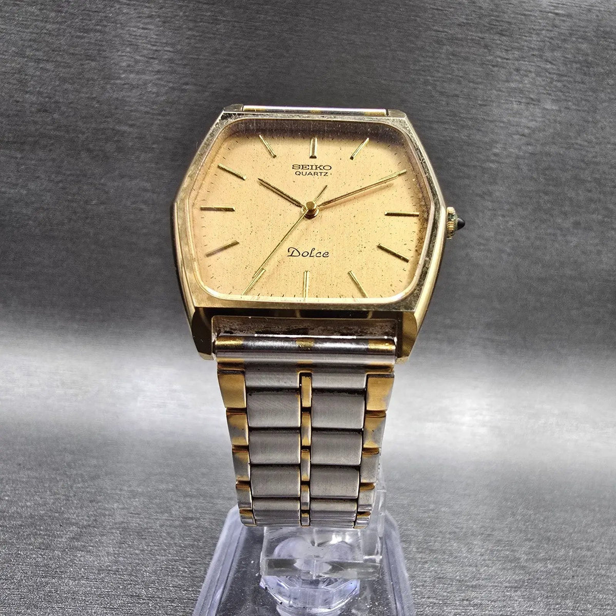Seiko Dolce Watch Men 30mm Gold Dial Gold Tone Hexagon 5931-5510 New Battery5