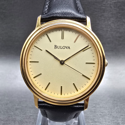 Bulova Watch Men 32mm Champagne Dial Gold Tone Round Leather  New Battery0