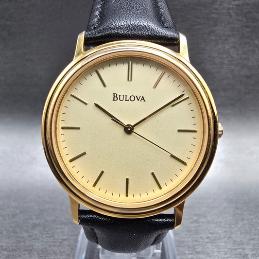 Bulova Watch Men 32mm Champagne Dial Gold Tone Round Leather  New Battery0
