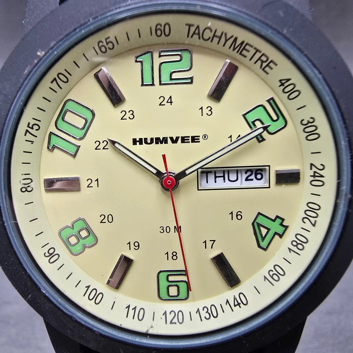 Humvee Watch Men 43mm Cream Dial Black Daydate Round HF19New Battery1