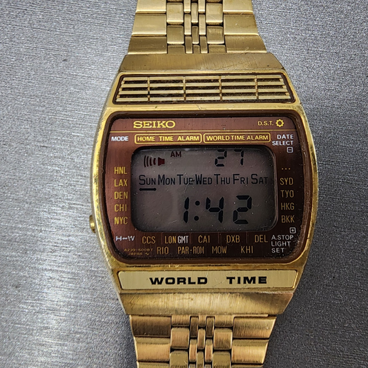 Seiko Digital World Time Watch Men 34mm Gray Dial Gold Tone A2395020 READ!!!!0