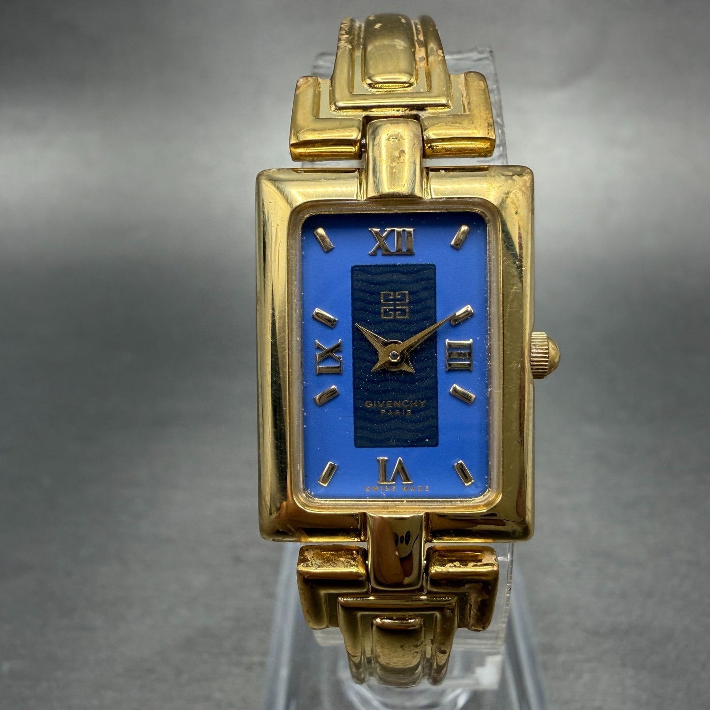 Givenchy Tank Watch Women 17mm Blue Dial Gold Tone Rectangle New Battery0