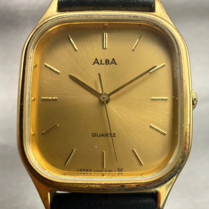 Seiko Alba Watch Men 28mm Gold Dial Gold Tone Rectangle V306-5140 New Battery1