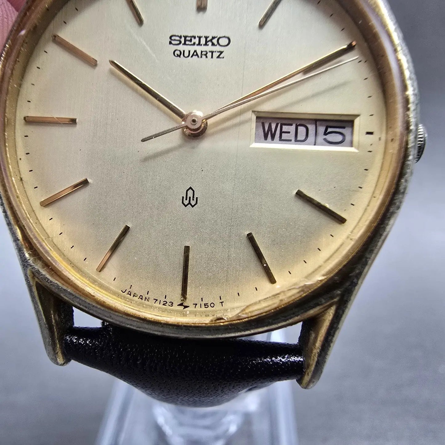 Seiko Watch Men 32mm Gold Dial Gold Tone Daydate Round 7123-7090 New Battery6