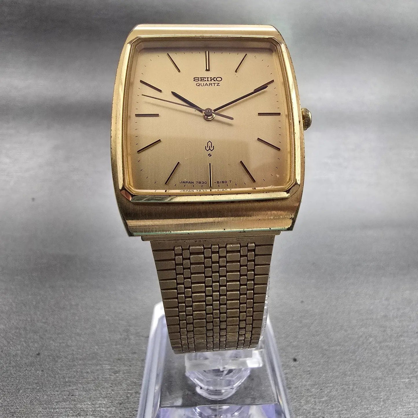 Seiko Watch Men 29mm Gold Dial Gold Tone Rectangle 7830-5150 New Battery Vintage5