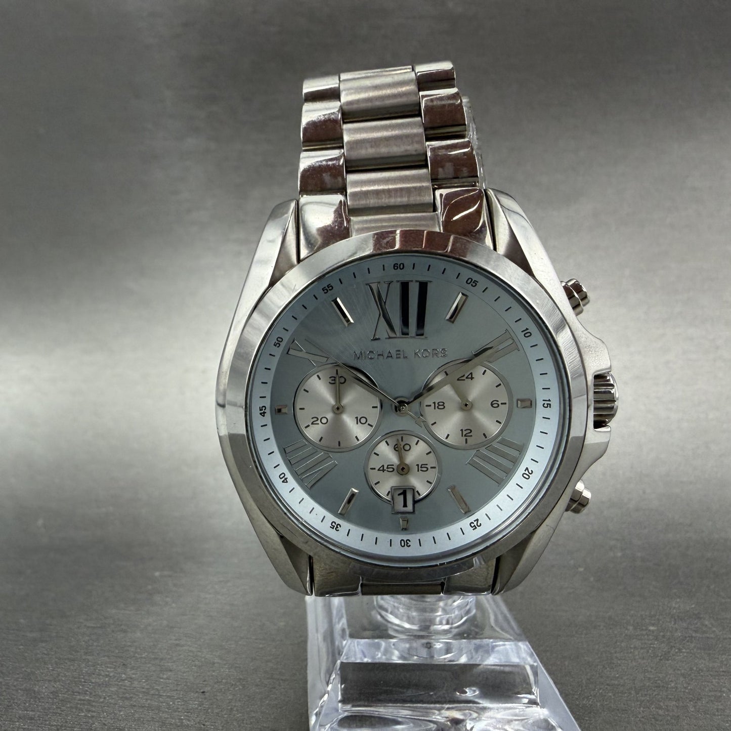 Michael Kors Bradshaw Watch Women 44mm Blue Dial Steel Date MK-6099 New Batt5