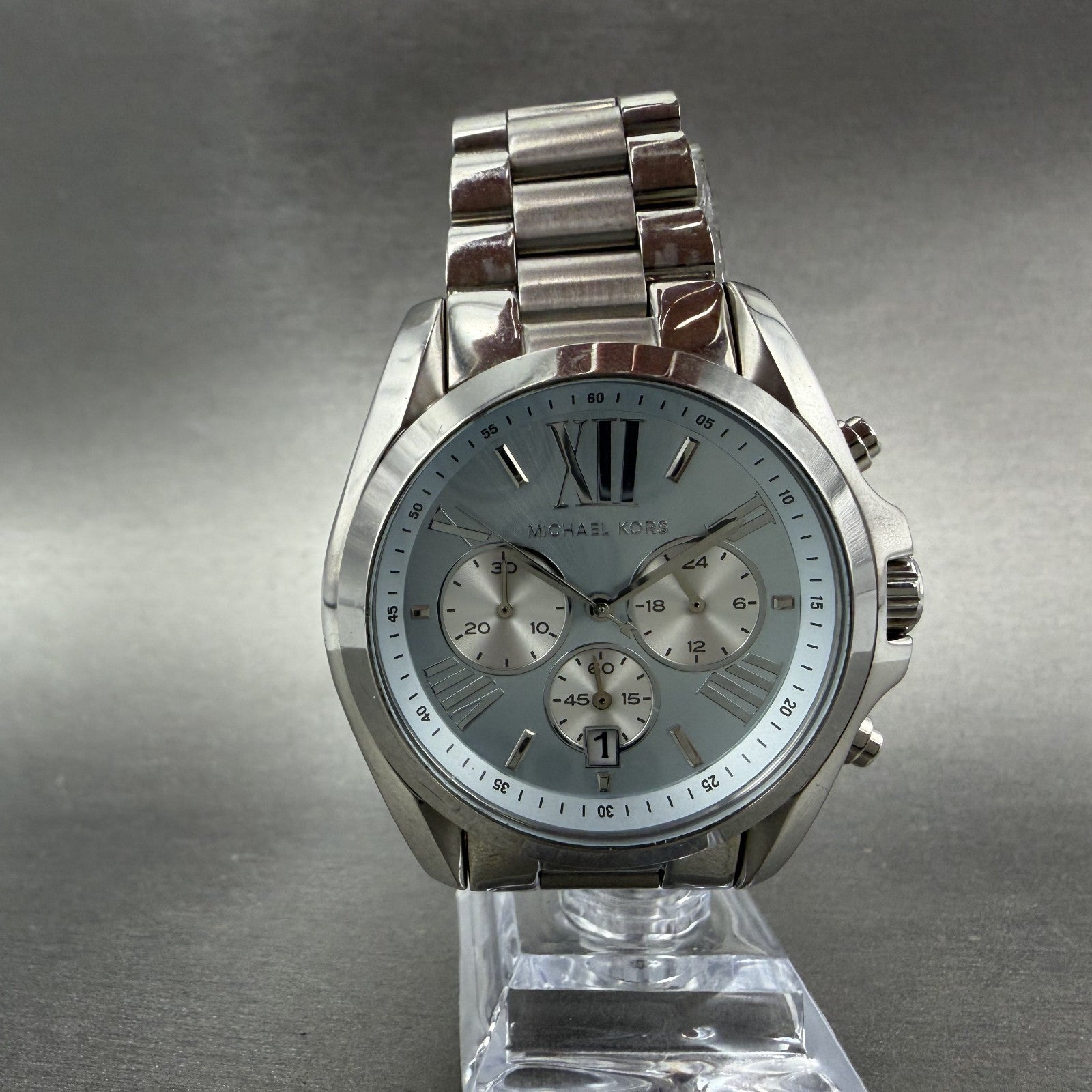 Michael Kors Bradshaw Watch Women 44mm Blue Dial Steel Date MK-6099 New Batt5