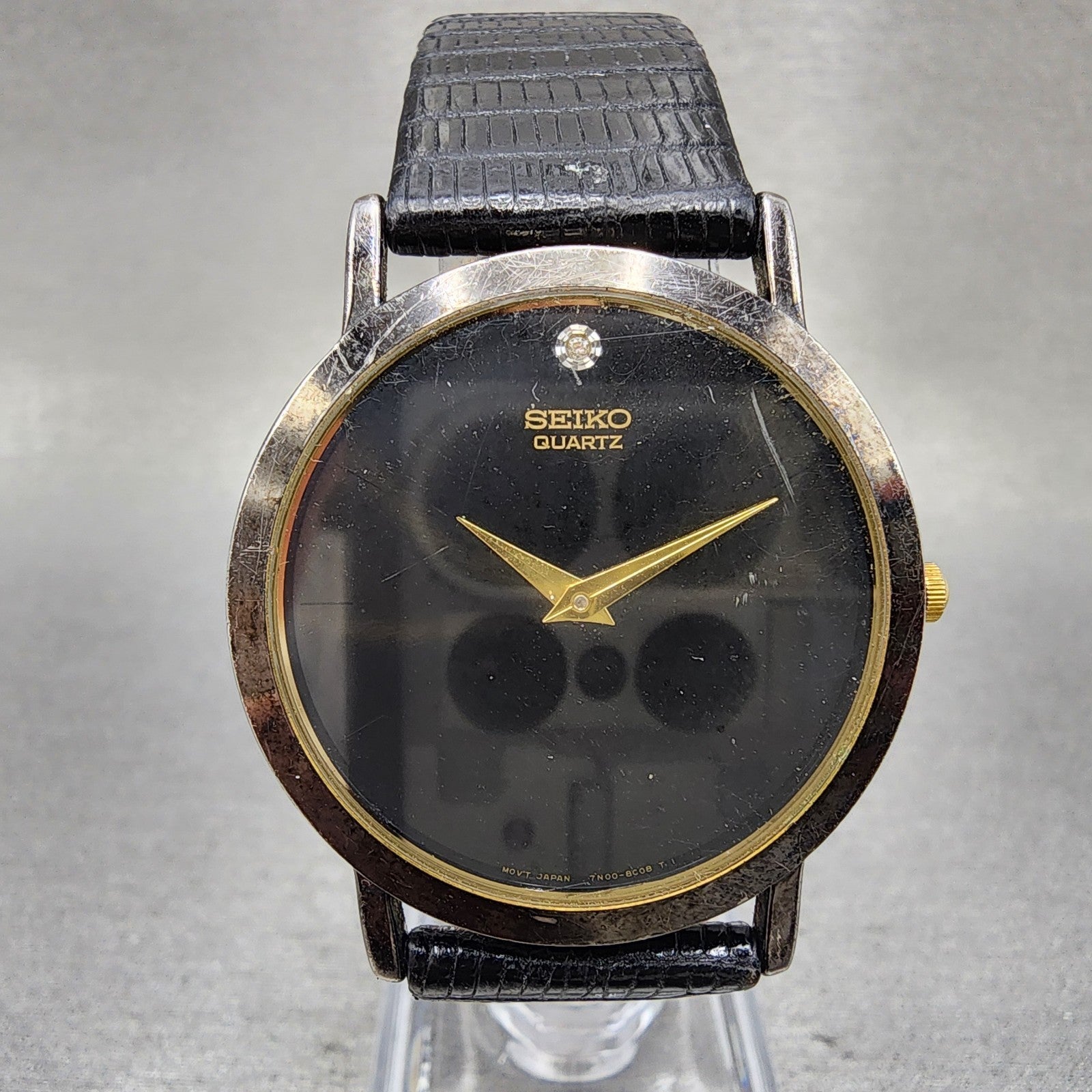 Seiko Watch Men 33mm Black Dial Black Tone Round Diamond Marker 7n008a49 PARTS0